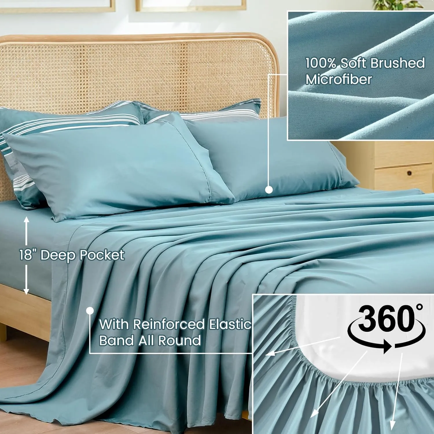PHF 7 Pieces Queen Comforter Set, Striped Bed in A Bag, Dusty Blue Stripe Bedding & 18" Deep Pocket All Season, Ultra Soft Bedding Sets with Comforter, Sheets, Pillowcases & Shams