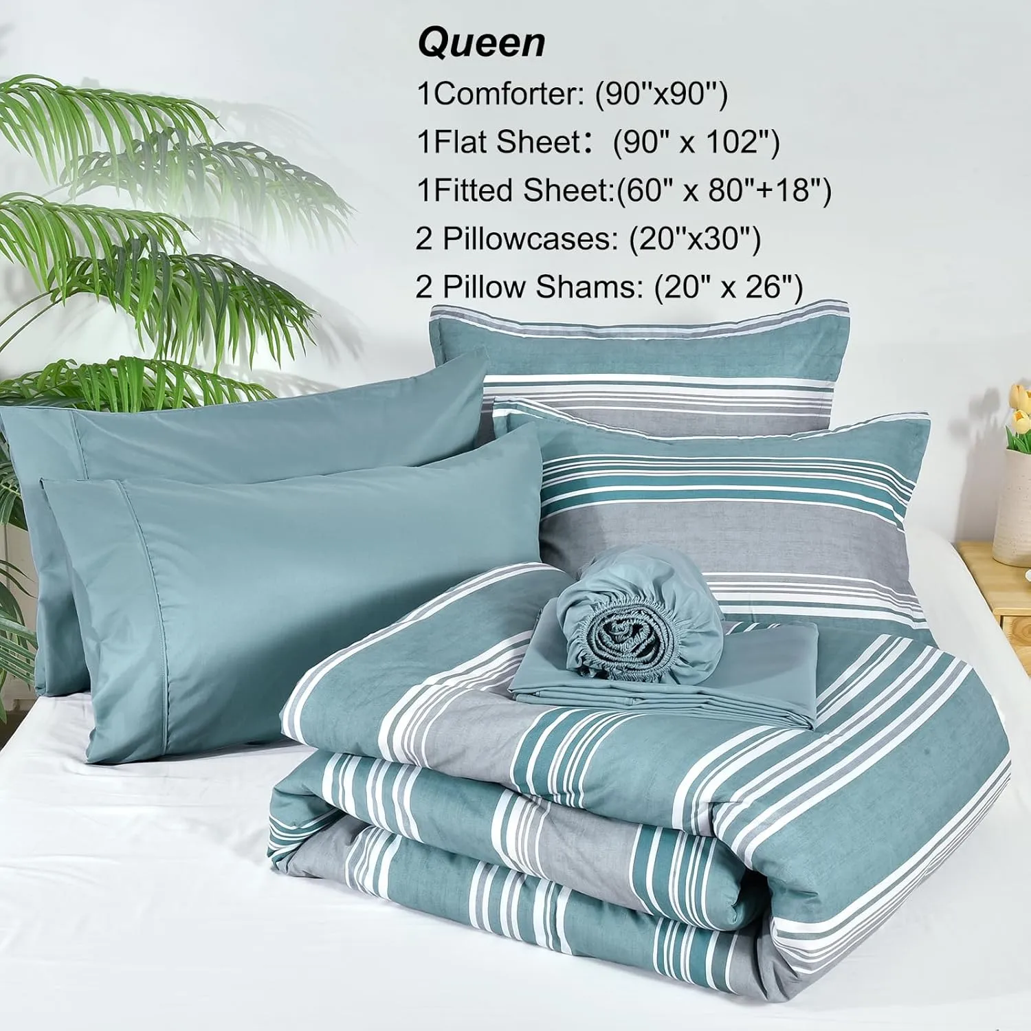 PHF 7 Pieces Queen Comforter Set, Striped Bed in A Bag, Dusty Blue Stripe Bedding & 18" Deep Pocket All Season, Ultra Soft Bedding Sets with Comforter, Sheets, Pillowcases & Shams