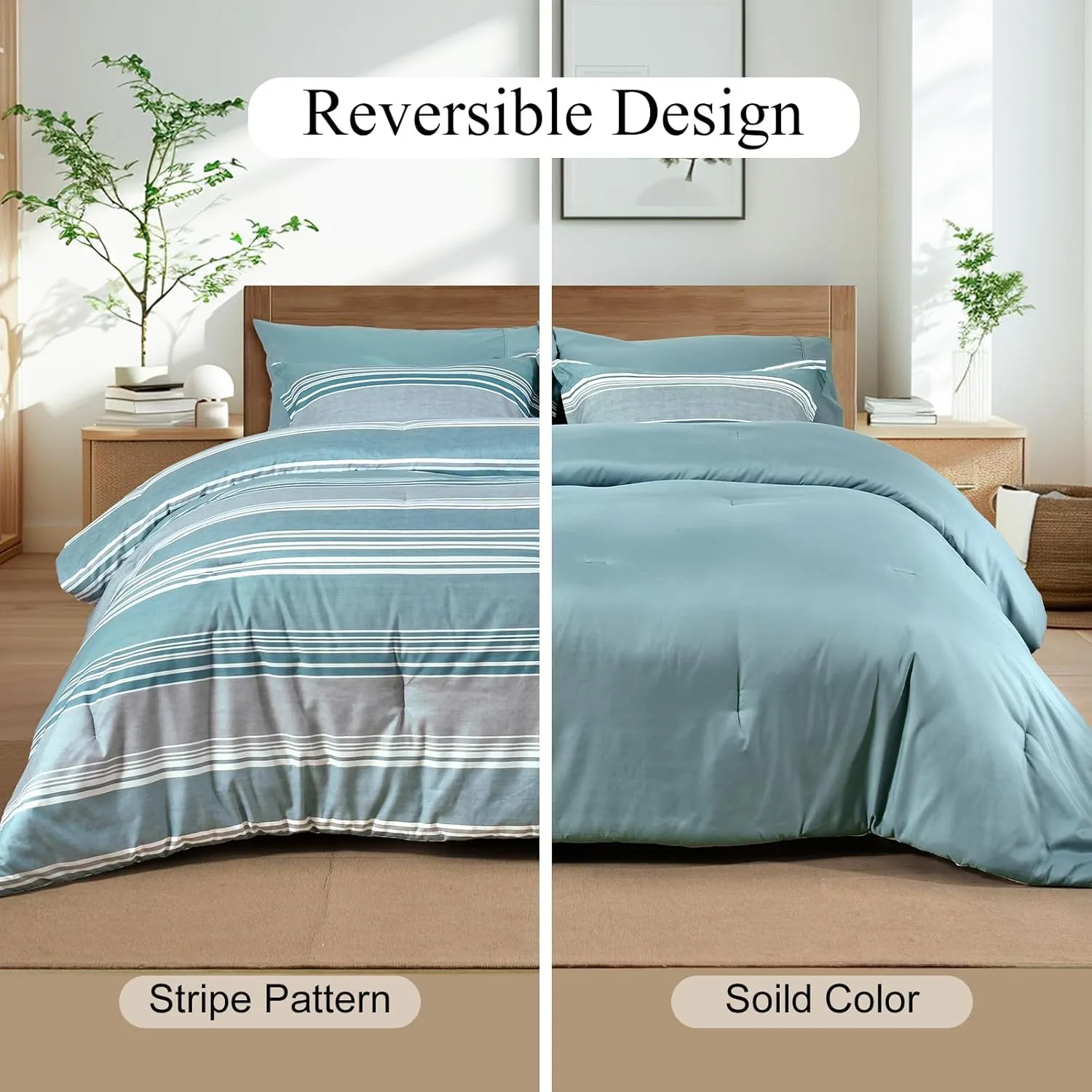 PHF 7 Pieces Queen Comforter Set, Striped Bed in A Bag, Dusty Blue Stripe Bedding & 18" Deep Pocket All Season, Ultra Soft Bedding Sets with Comforter, Sheets, Pillowcases & Shams