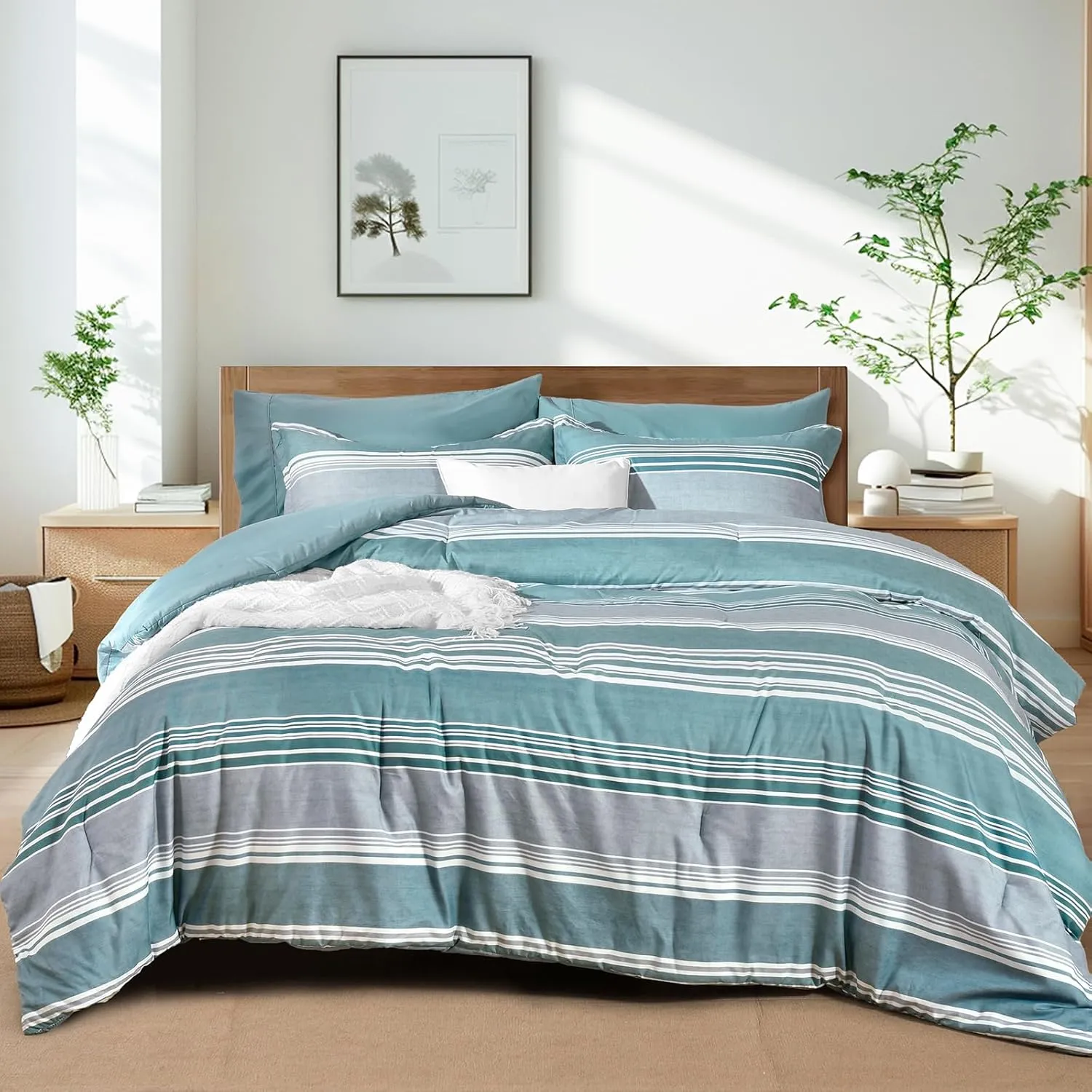 PHF 7 Pieces Queen Comforter Set, Striped Bed in A Bag, Dusty Blue Stripe Bedding & 18" Deep Pocket All Season, Ultra Soft Bedding Sets with Comforter, Sheets, Pillowcases & Shams