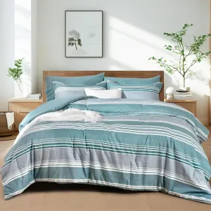 PHF 7 Pieces Queen Comforter Set, Striped Bed in A Bag, Dusty Blue Stripe Bedding & 18" Deep Pocket All Season, Ultra Soft Bedding Sets with Comforter, Sheets, Pillowcases & Shams