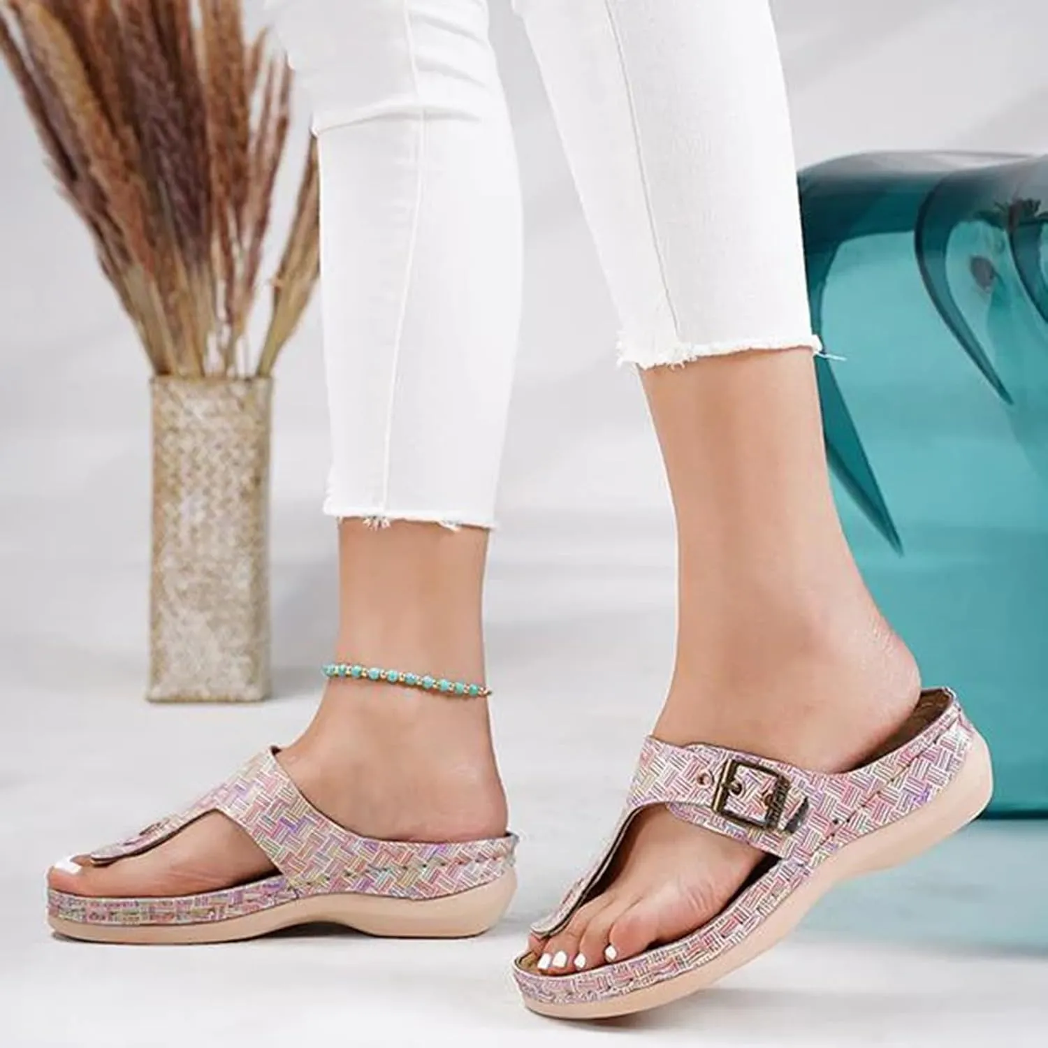 Pinch Toe Sandal Women's Summer New Round Head Hollow Metal Slope And Outer Plaid Herringbone Womens Teen Sandals Women