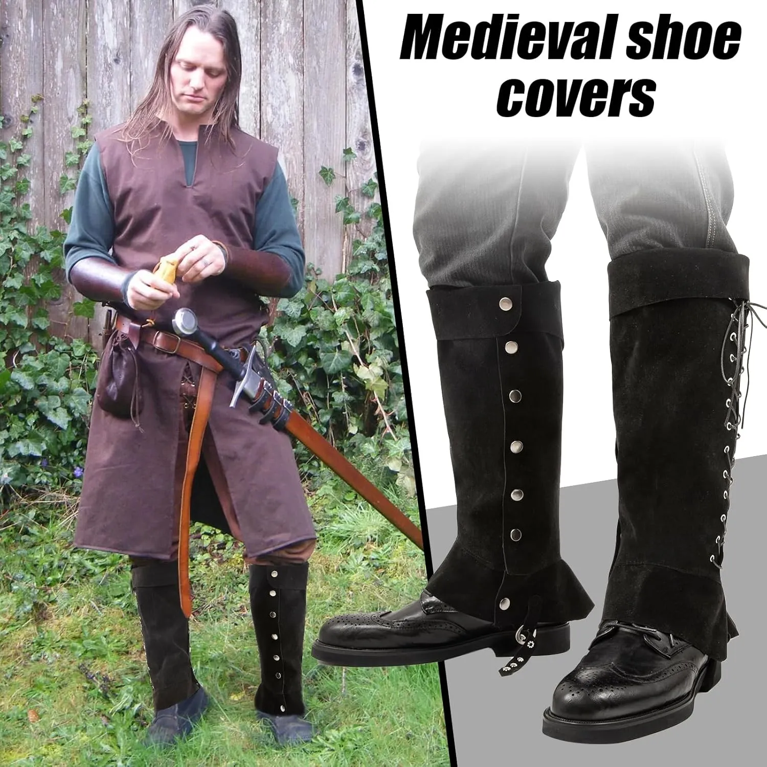 Pirate Boot Covers Medieval Renaissance Faux Leather Steampunk Boots Tops with Studs, Pirate Cosplay Halloween Boot Covers Costume Accessories for Men Women