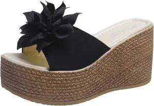 Platform Wedge Sandals Women Summer Open Toe Slip On High Heeled Slipper Sandals Fashion Elegant Cute Flowers Thick Bottom Slippers for Summer Beach Party Wedding
