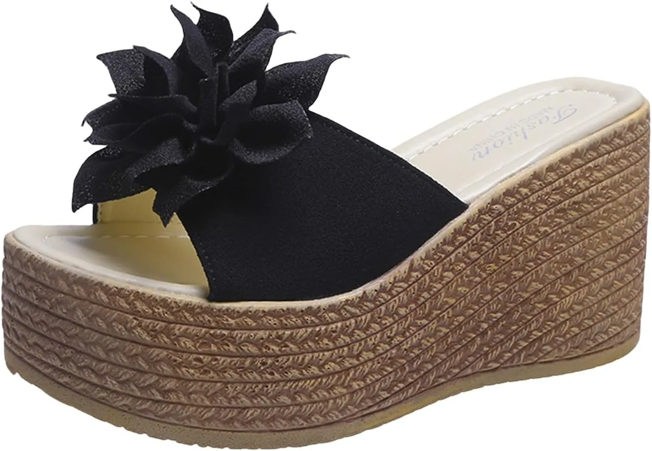 Platform Wedge Sandals Women Summer Open Toe Slip On High Heeled Slipper Sandals Fashion Elegant Cute Flowers Thick Bottom Slippers for Summer Beach Party Wedding