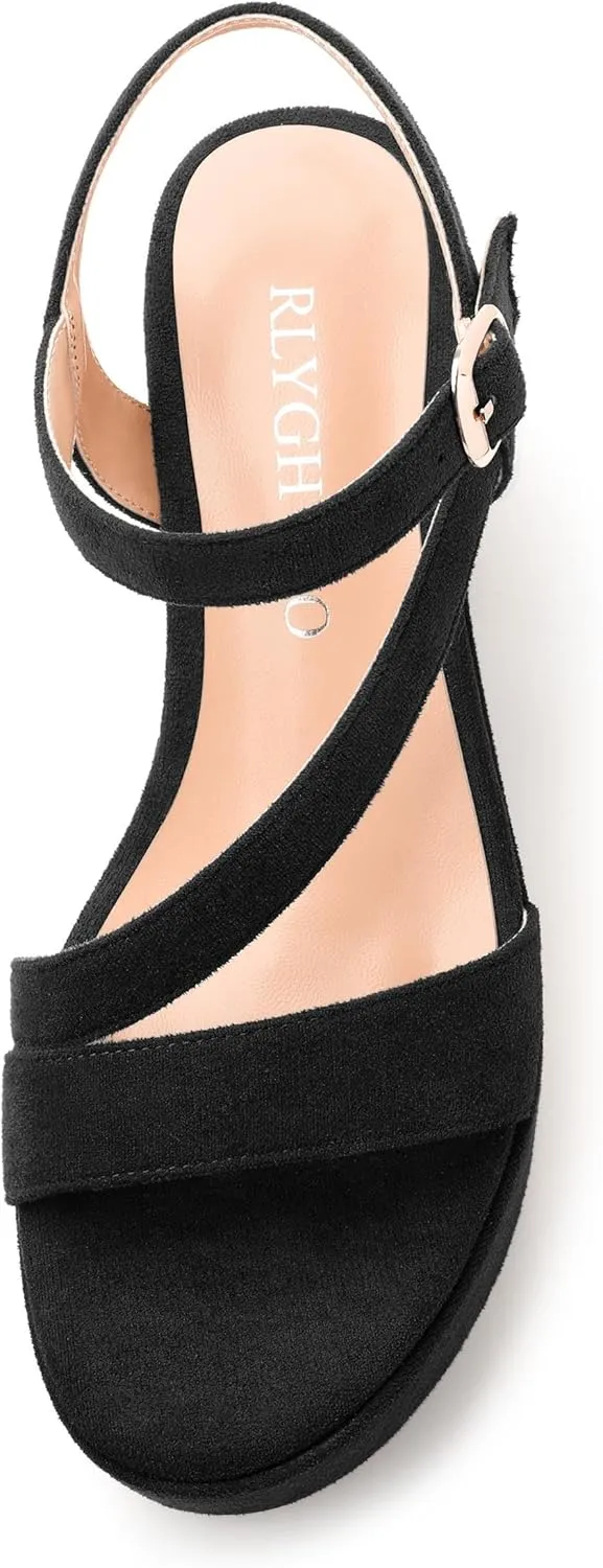 Platform Wedges Women - Chunky Heel Sandals with Adjustable Ankle Strap, Open Round Toe Solid Color for Office, Parties & Daily Wear