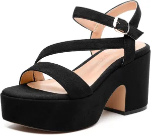 Platform Wedges Women - Chunky Heel Sandals with Adjustable Ankle Strap, Open Round Toe Solid Color for Office, Parties & Daily Wear