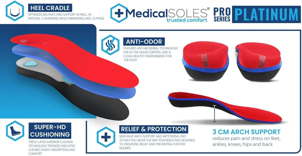 Pro Series Silver RX  Orthotic Unisex Insoles - Flexible Support with Recovery and Cushioning Technology for Pain Relief - Red, Men's 13 / Women's 15