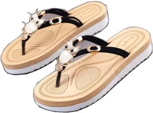QMFUR Women's Platform Slippers Flat Flip Flops Beach Slides For Women Slides Rhinestone owl decoration Light weight Comfortable Casual Sandals