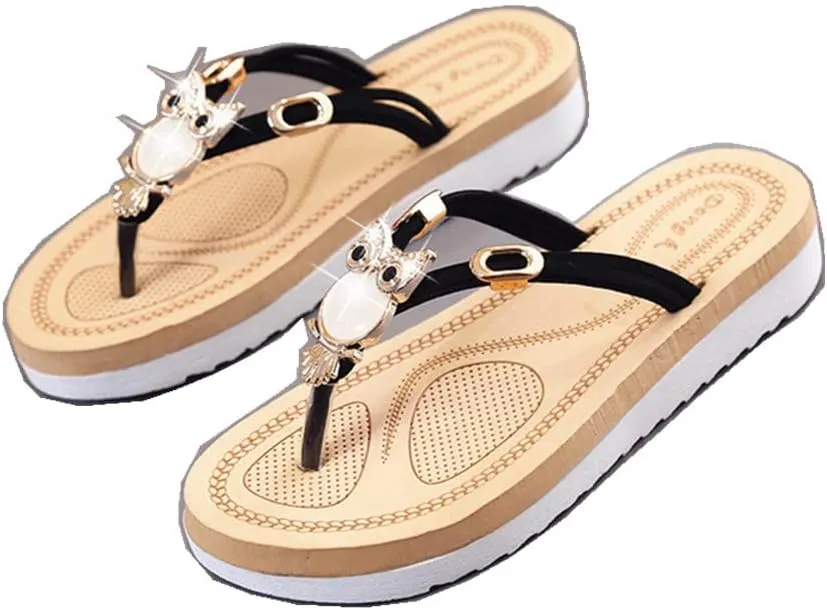 QMFUR Women's Platform Slippers Flat Flip Flops Beach Slides For Women Slides Rhinestone owl decoration Light weight Comfortable Casual Sandals