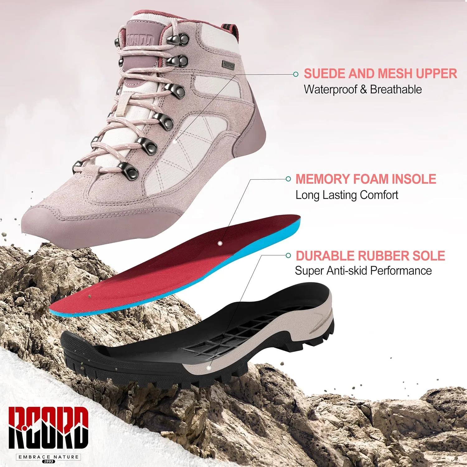 R CORD Womens Hiking Boots Breathable Hiking Boots Womens Waterproof Ankle Support Athletic Outdoor Non-slip Durable Hiking Boot for Outdoors
