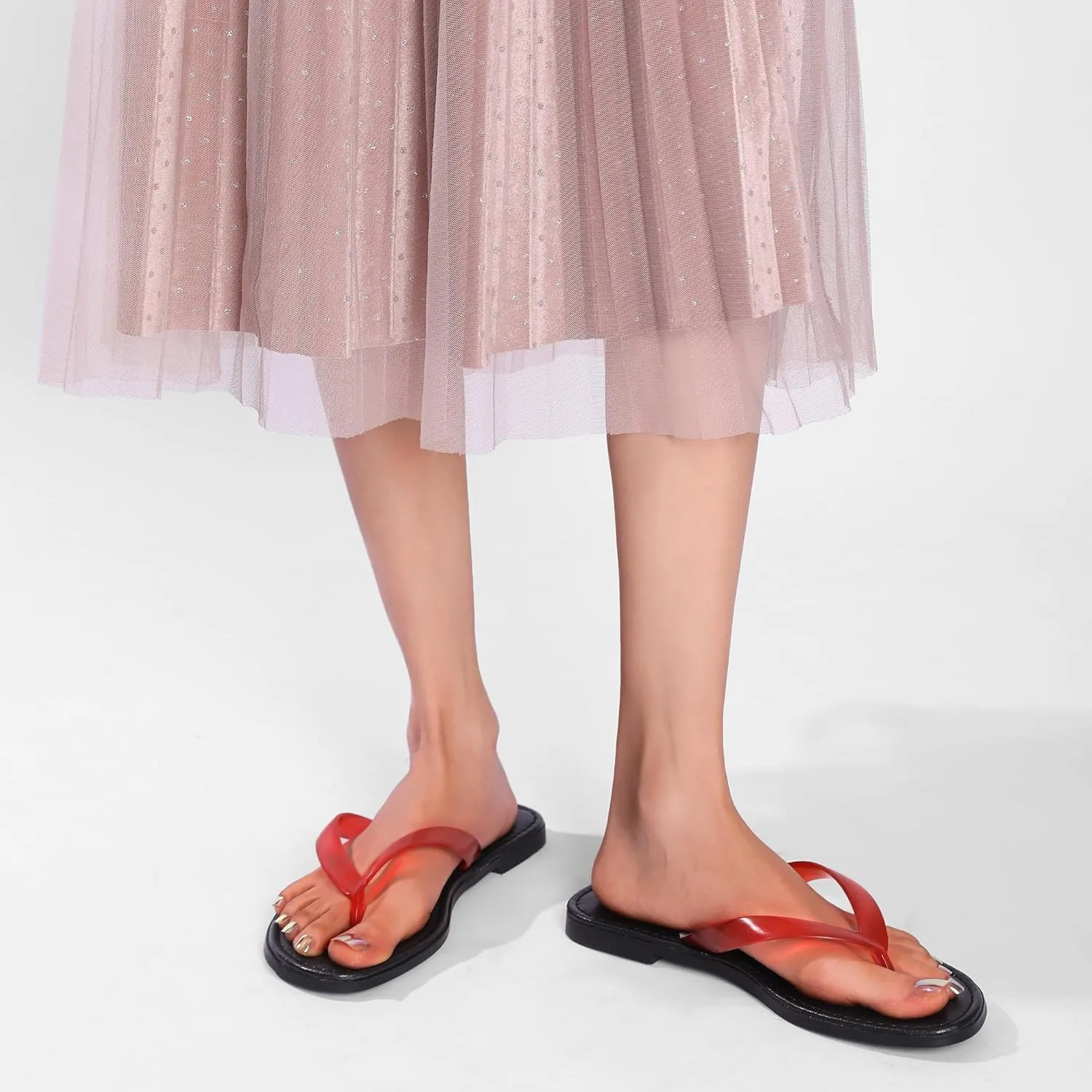 Red Jelly Beach Flip Flop for Women Flat Sandals Jelly Comfortable Round Toe Peep Slides Shoes