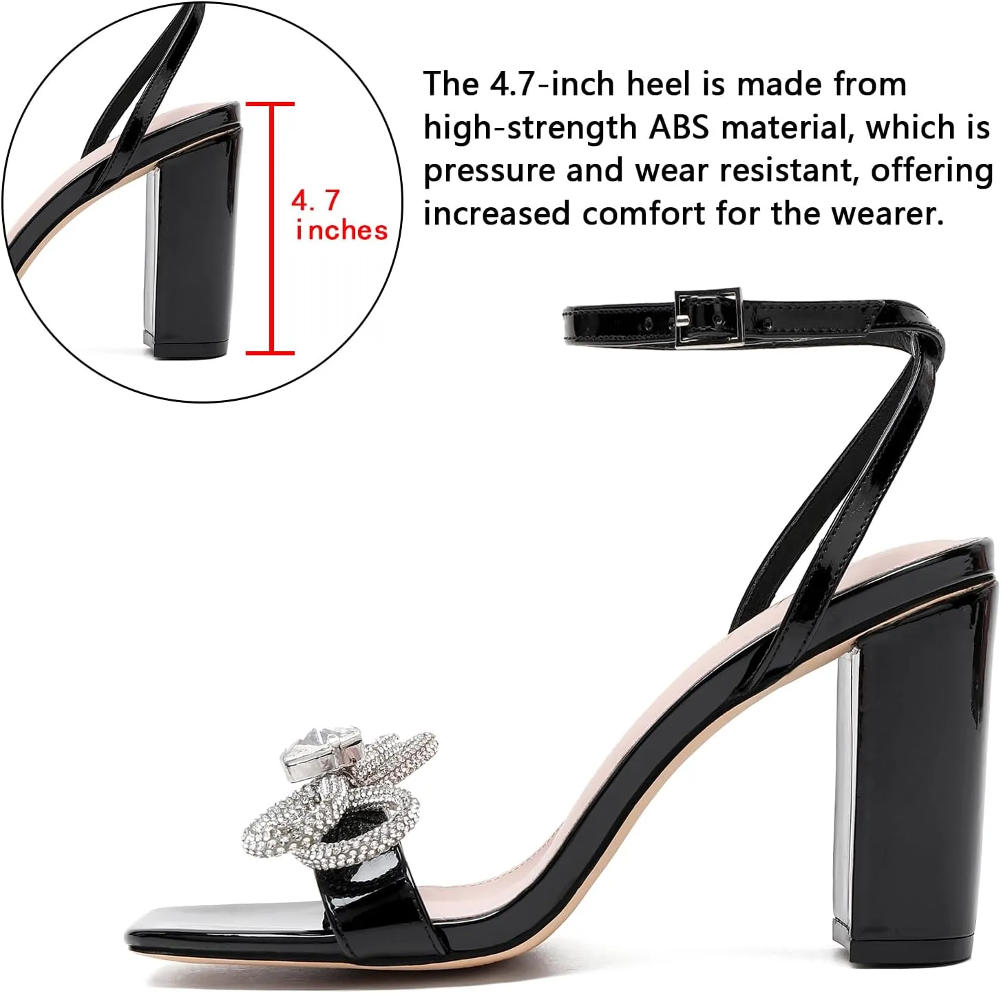 Rhinestone Heels for Women - Sparkling Bow Sandals Slingback Square Toe Chunky Block Heels for Party Wedding