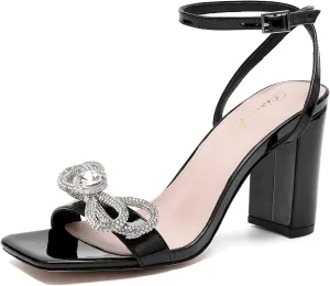 Rhinestone Heels for Women - Sparkling Bow Sandals Slingback Square Toe Chunky Block Heels for Party Wedding