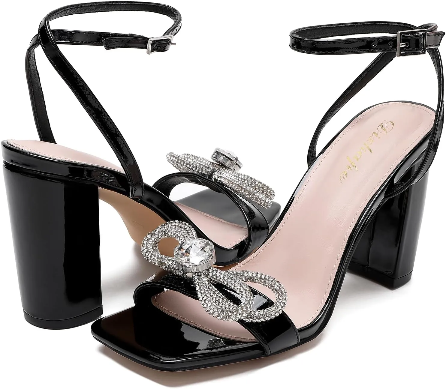 Rhinestone Heels for Women - Sparkling Bow Sandals Slingback Square Toe Chunky Block Heels for Party Wedding