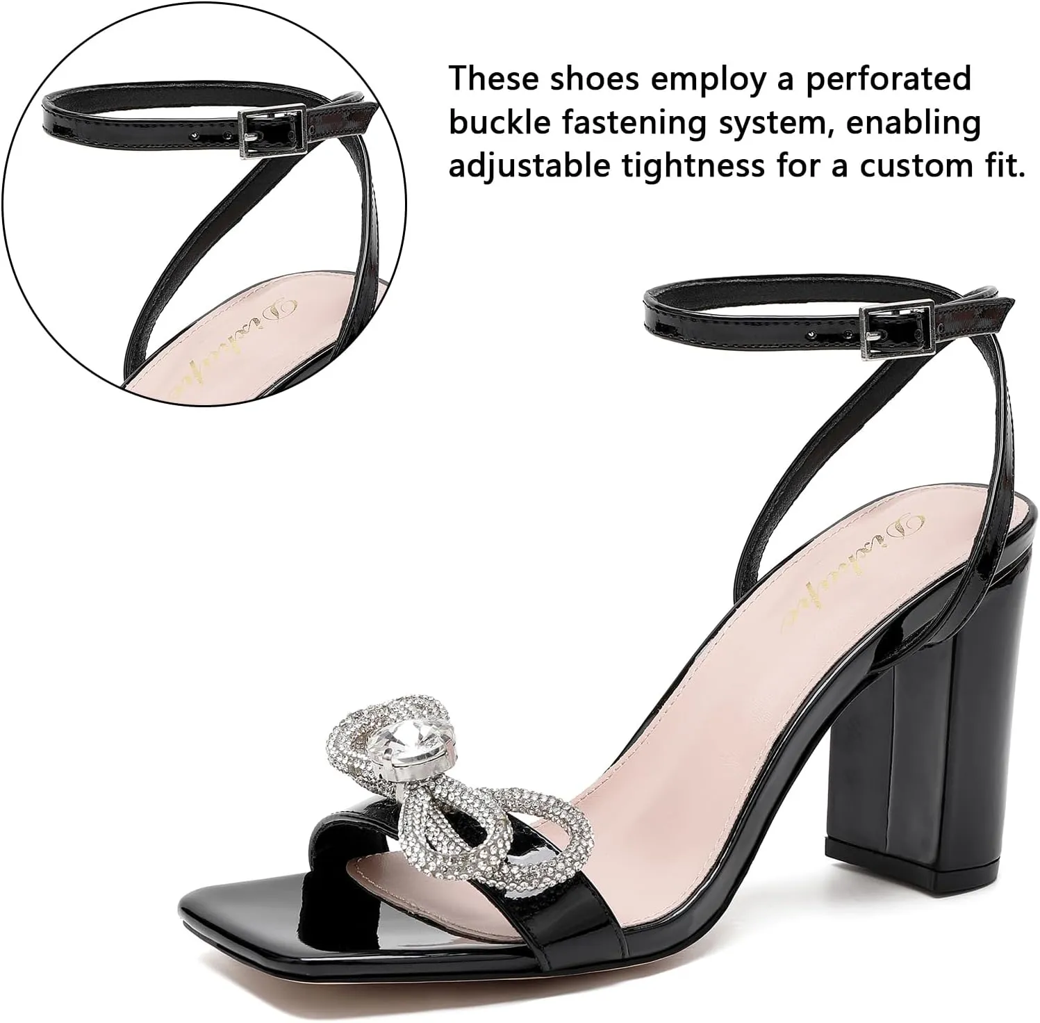 Rhinestone Heels for Women - Sparkling Bow Sandals Slingback Square Toe Chunky Block Heels for Party Wedding