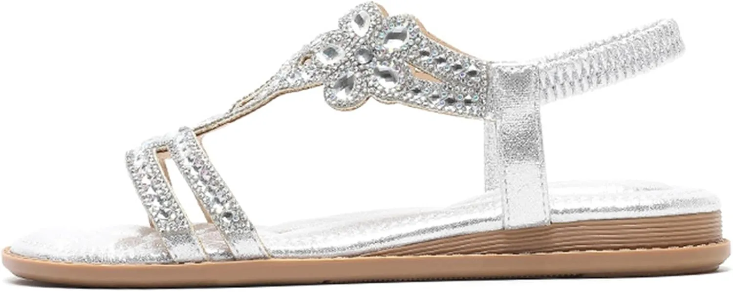 Rhinestone Sandals for Women T-Strap Bohemian Pearl Crystal Flat Sandals, Ankle Strap Comfort Walking Shoes Slip on Casual Summer Beach Dress Shoes