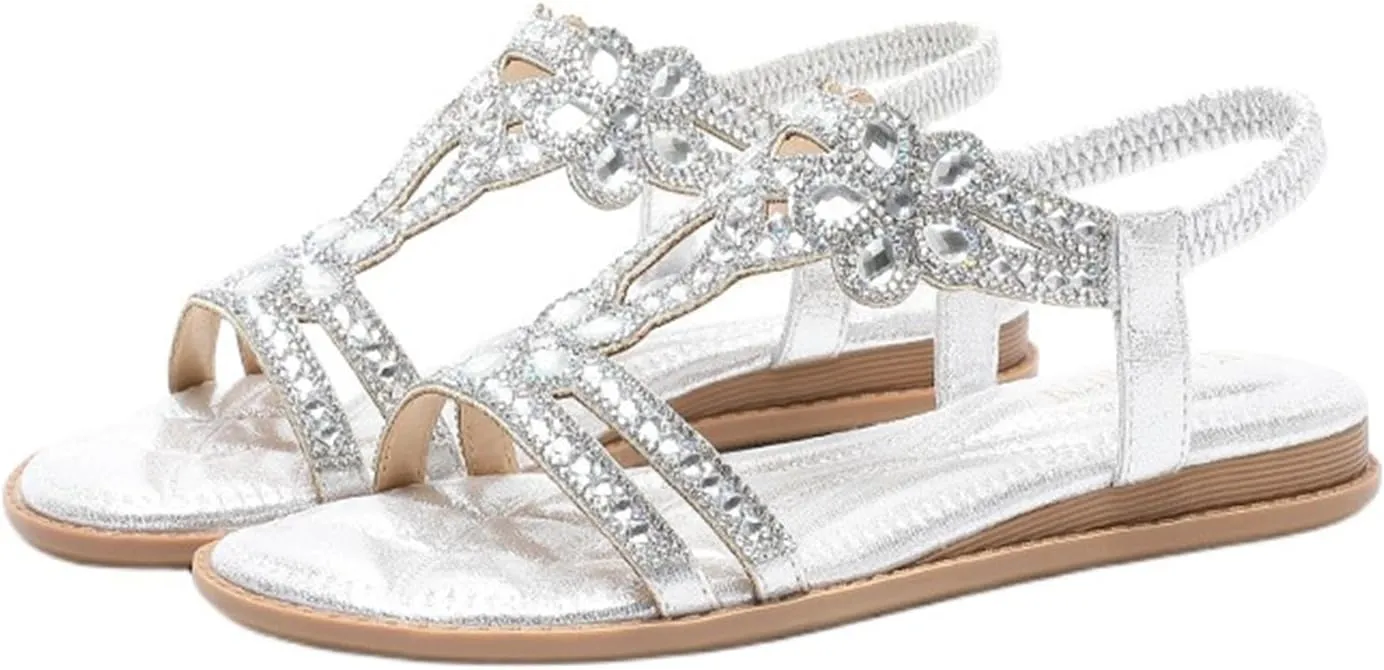 Rhinestone Sandals for Women T-Strap Bohemian Pearl Crystal Flat Sandals, Ankle Strap Comfort Walking Shoes Slip on Casual Summer Beach Dress Shoes