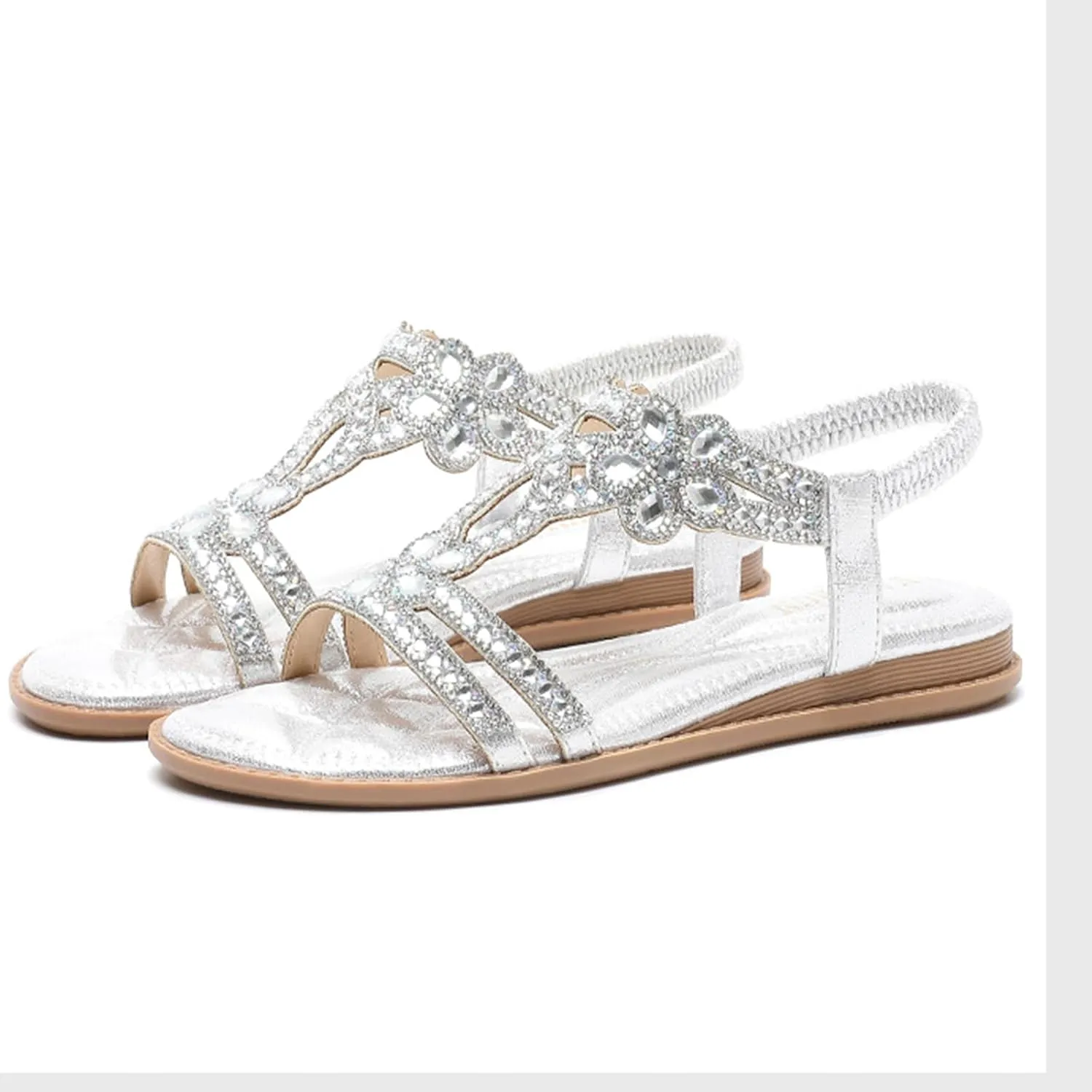 Rhinestone Sandals for Women T-Strap Bohemian Pearl Crystal Flat Sandals, Ankle Strap Comfort Walking Shoes Slip on Casual Summer Beach Dress Shoes