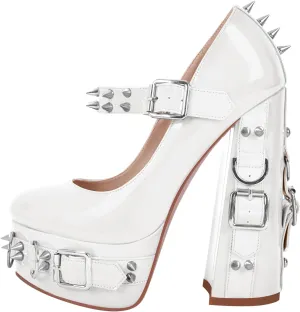 richealnini Women's Mary Jane Platform Pumps with Rivets Sexy Adjustable Ankle Buckle Up Block Heels