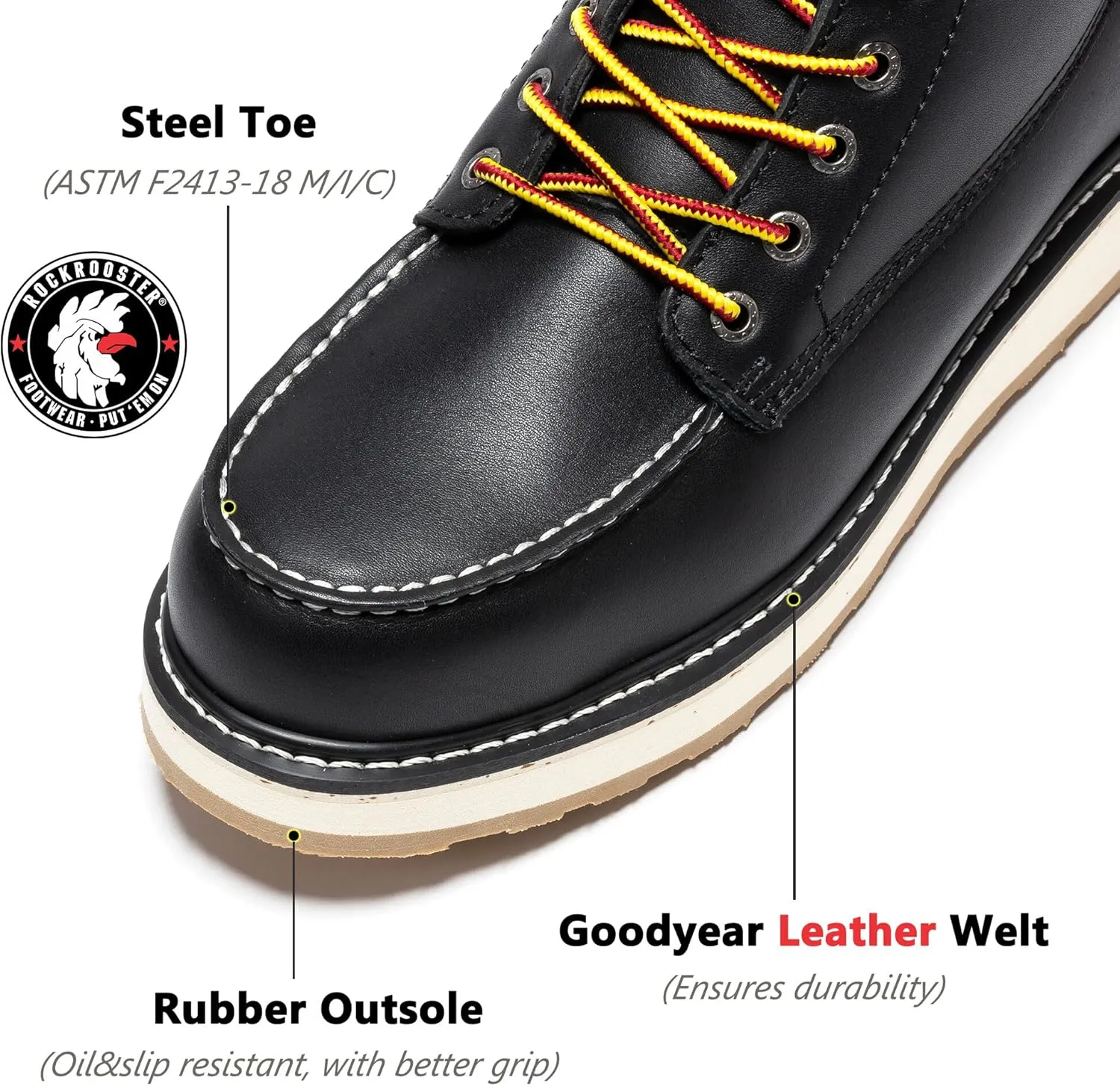 ROCKROOSTER Steel Toe Wedge Work Boots for Men with Moc Toe, 6 inch Durable Comfortable Work Boot(VAP2301)