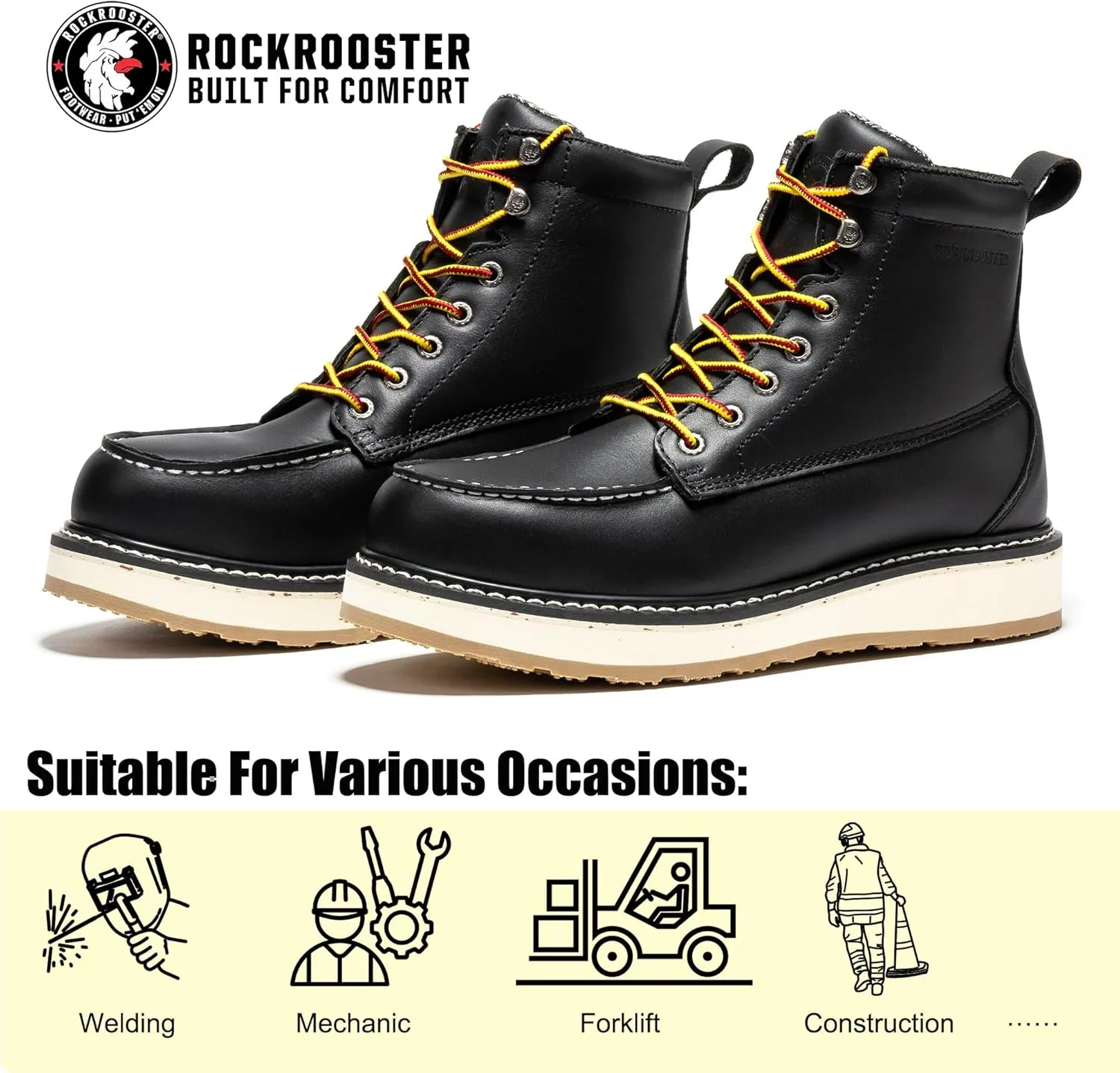 ROCKROOSTER Steel Toe Wedge Work Boots for Men with Moc Toe, 6 inch Durable Comfortable Work Boot(VAP2301)