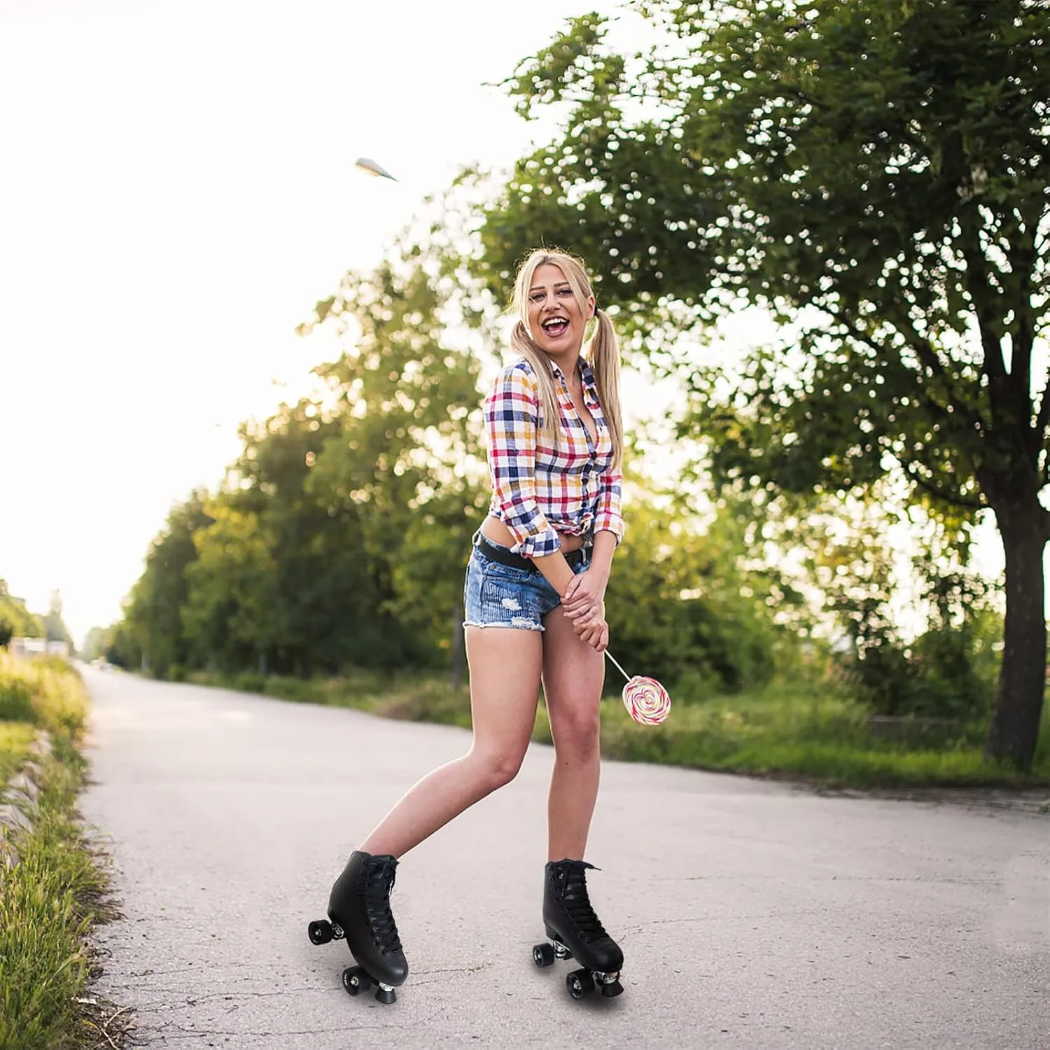 Roller Skates for Women with PU Leather High-top Double Row Rollerskates, Unisex-Adult Indoor Outdoor Derby Skate with Adjustable Fast Braking for Beginner
