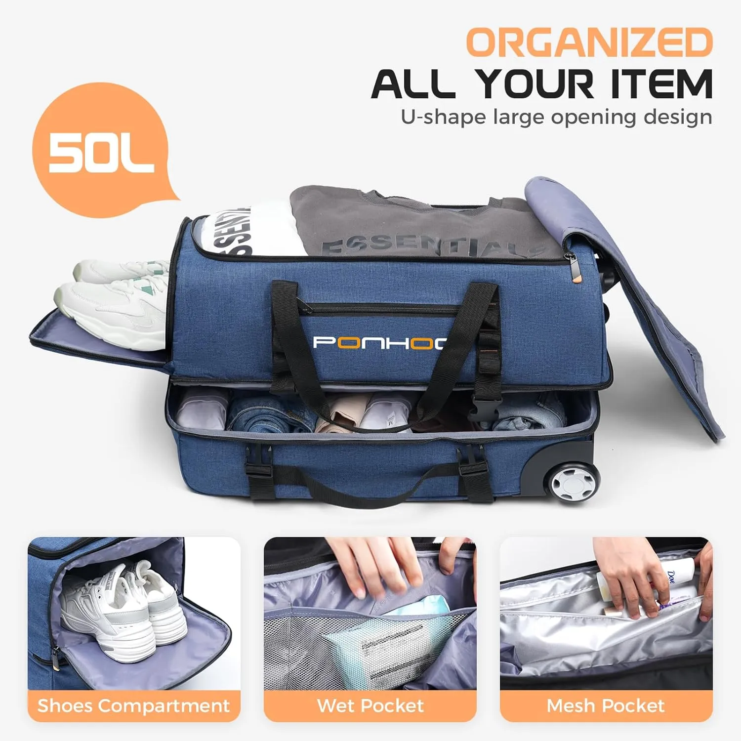 Rolling Duffle Bag With Wheels - 60L Large Wheeled Travel Duffel Bag with Shoe Compartment Water Resistant Duffle Bag for Traveling GYM Overnight Trip Weekender