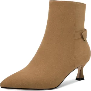 ROSERWISH Womens Dress Wedding Fluff Zip Pointed Toe Suede Bow Kitten Low Heel Ankle High Boots 2 Inch