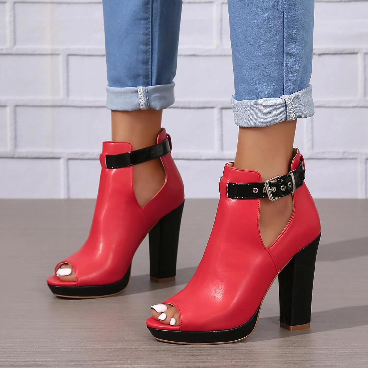 SACFOF Women's Cutout Peep Toe Stacked Chunky Heels Sandals Summer Ankle Strap Buckle High Heel Booties