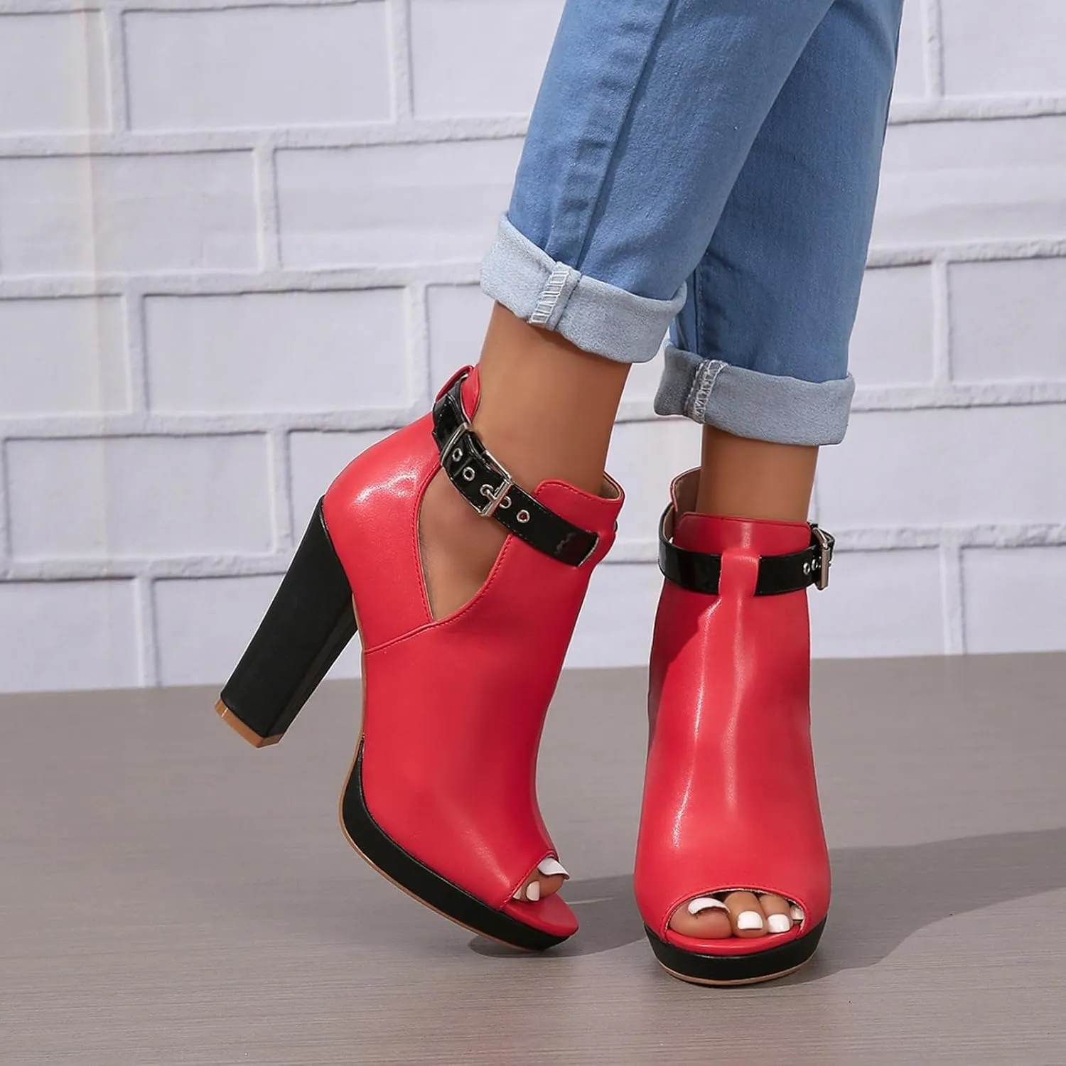 SACFOF Women's Cutout Peep Toe Stacked Chunky Heels Sandals Summer Ankle Strap Buckle High Heel Booties
