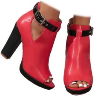 SACFOF Women's Cutout Peep Toe Stacked Chunky Heels Sandals Summer Ankle Strap Buckle High Heel Booties