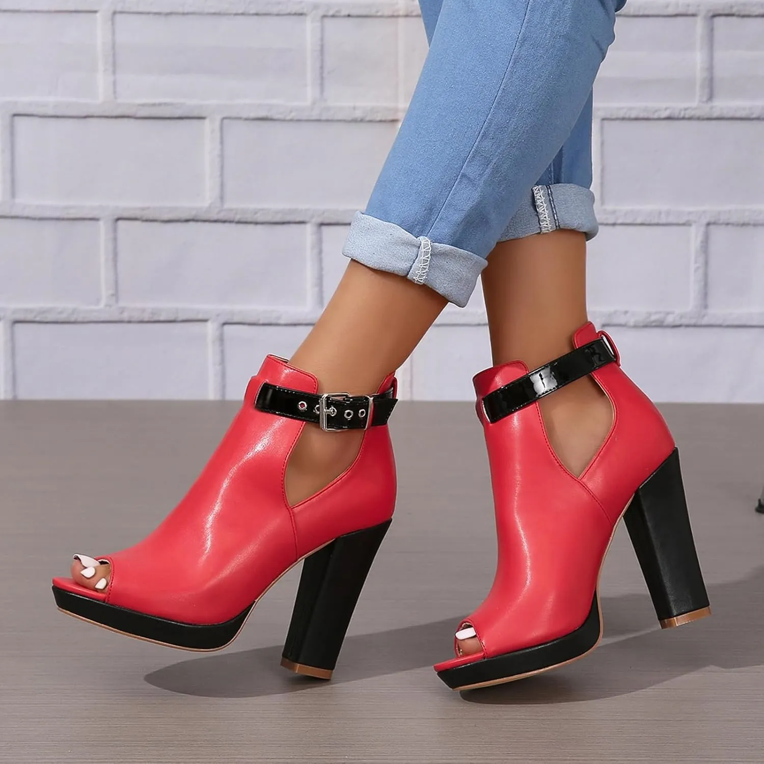 SACFOF Women's Cutout Peep Toe Stacked Chunky Heels Sandals Summer Ankle Strap Buckle High Heel Booties