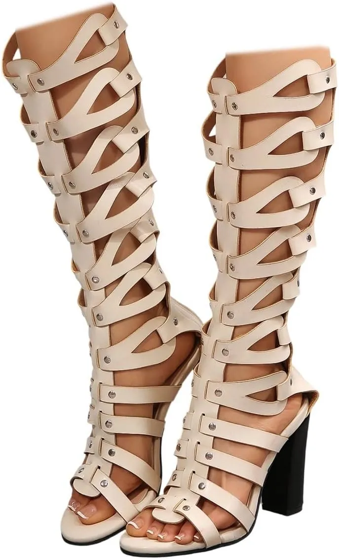 SACFOF Womens Gladiator Sandals Studs Open Toe Chunky High Heel Roman Zipper Sandals Summer Knee High Booties