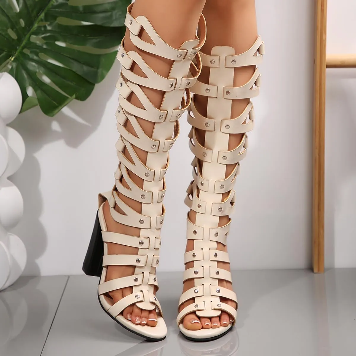 SACFOF Womens Gladiator Sandals Studs Open Toe Chunky High Heel Roman Zipper Sandals Summer Knee High Booties