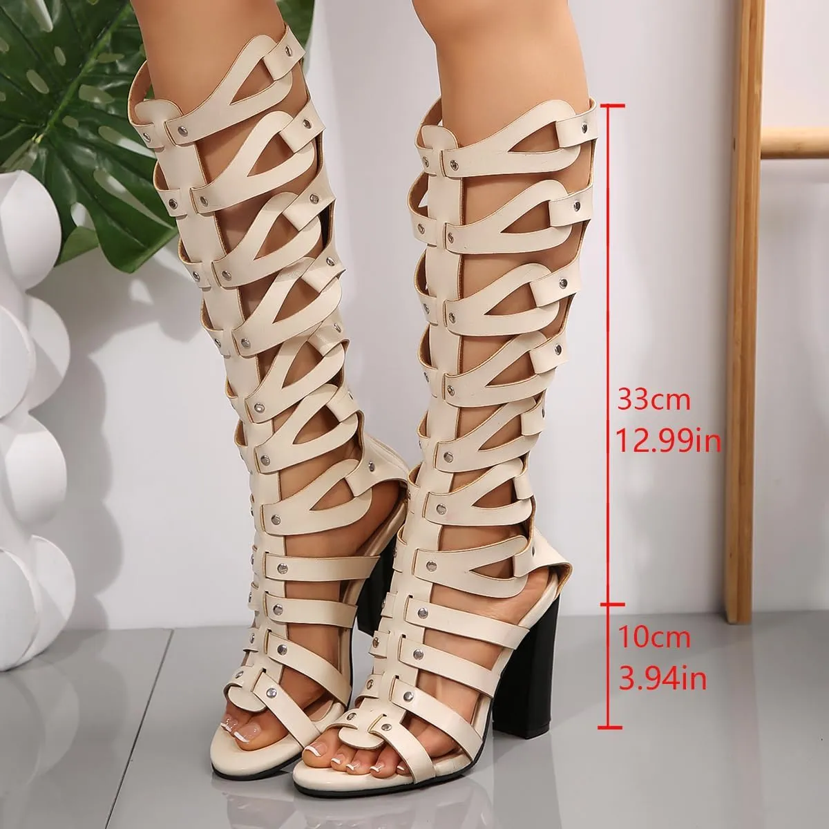 SACFOF Womens Gladiator Sandals Studs Open Toe Chunky High Heel Roman Zipper Sandals Summer Knee High Booties