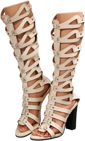 SACFOF Womens Gladiator Sandals Studs Open Toe Chunky High Heel Roman Zipper Sandals Summer Knee High Booties