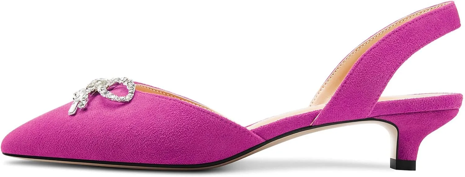 Saekcted Womens Low Kitten Heel Pointed Toe Sandals Slingback Slip-on Pumps Rhinestone Crystal Bow-Knot Dress Shoes