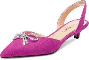 Saekcted Womens Low Kitten Heel Pointed Toe Sandals Slingback Slip-on Pumps Rhinestone Crystal Bow-Knot Dress Shoes