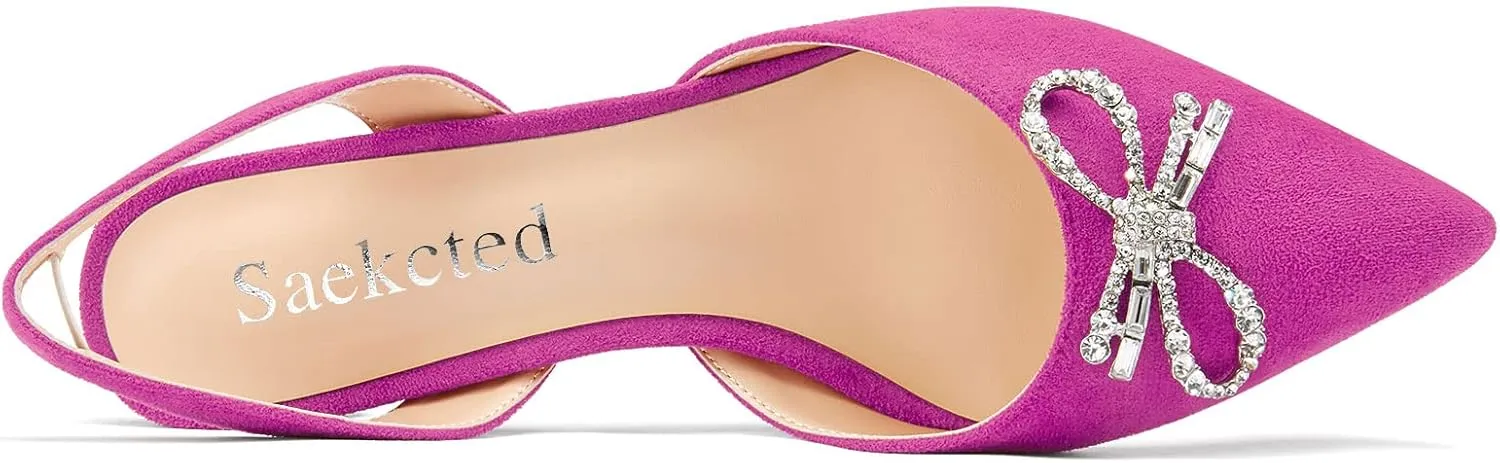Saekcted Womens Low Kitten Heel Pointed Toe Sandals Slingback Slip-on Pumps Rhinestone Crystal Bow-Knot Dress Shoes