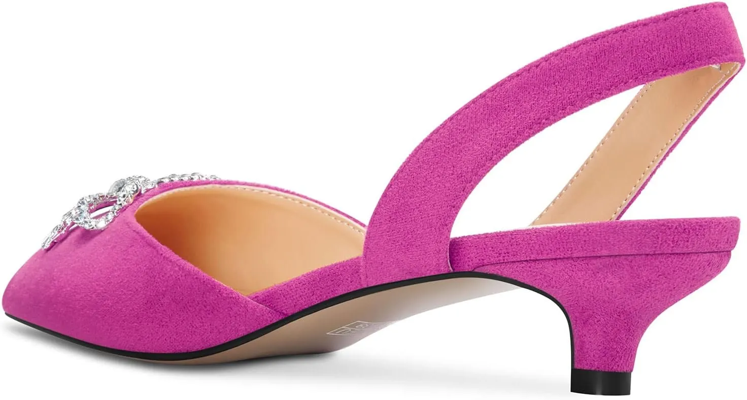 Saekcted Womens Low Kitten Heel Pointed Toe Sandals Slingback Slip-on Pumps Rhinestone Crystal Bow-Knot Dress Shoes