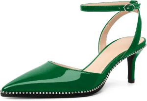 SAMMITOP Womens Slingback Kitten Heels Pointed Toe Low Heel Ankle Strap Pumps Slip On Comfortable Wedding Party Beaded Dress Shoes 2.4 Inch