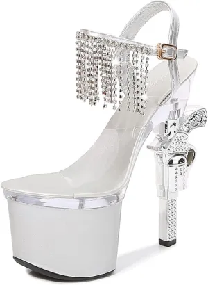 SAndal Women's Peep Toe Platform High Heel Dress Shoes PVC Clear Shaped Heels high Heels with Rhinestone Chain Ankle Straps for Stripper Party Club Pole Dance 17.5Cm/6.8In