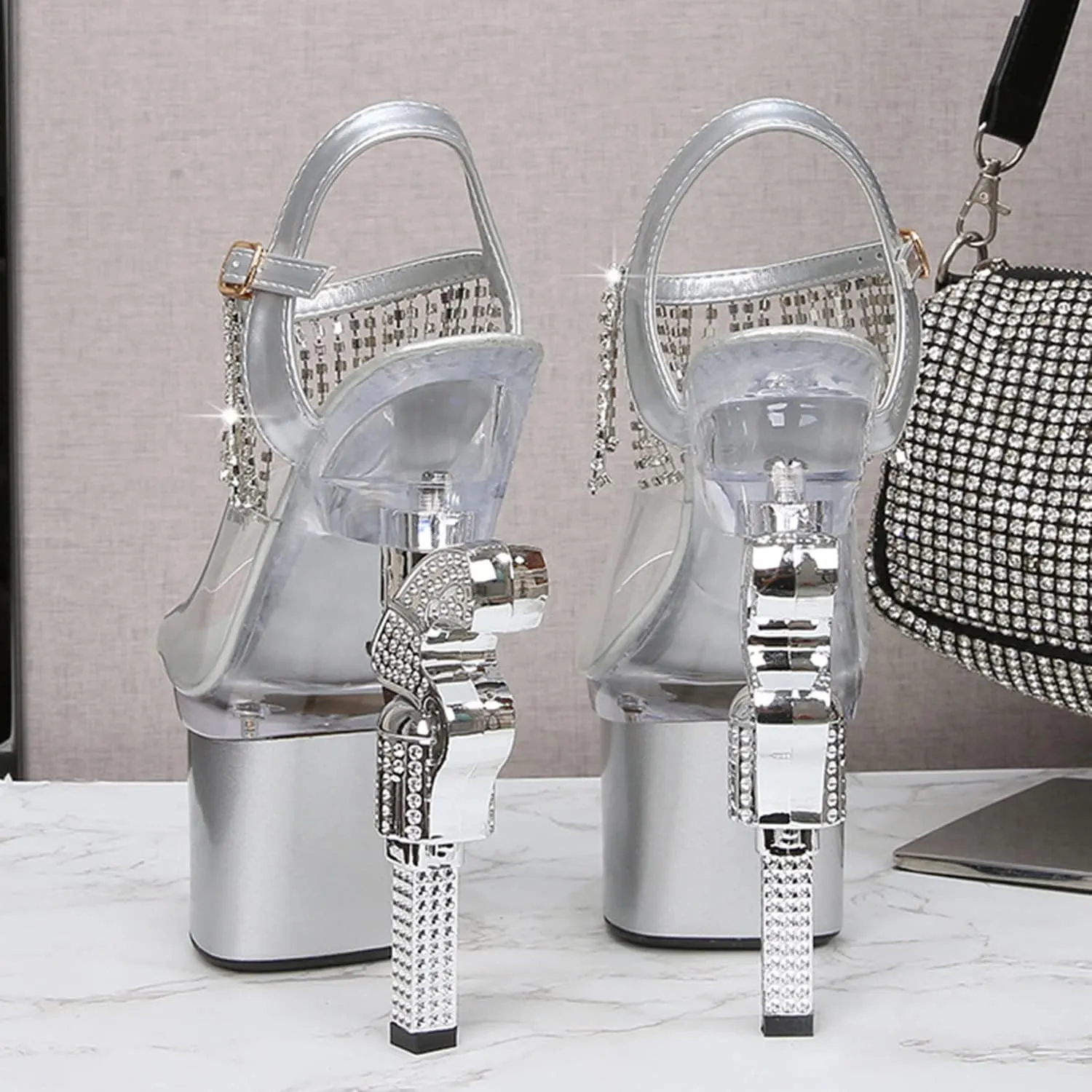 SAndal Women's Peep Toe Platform High Heel Dress Shoes PVC Clear Shaped Heels high Heels with Rhinestone Chain Ankle Straps for Stripper Party Club Pole Dance 17.5Cm/6.8In