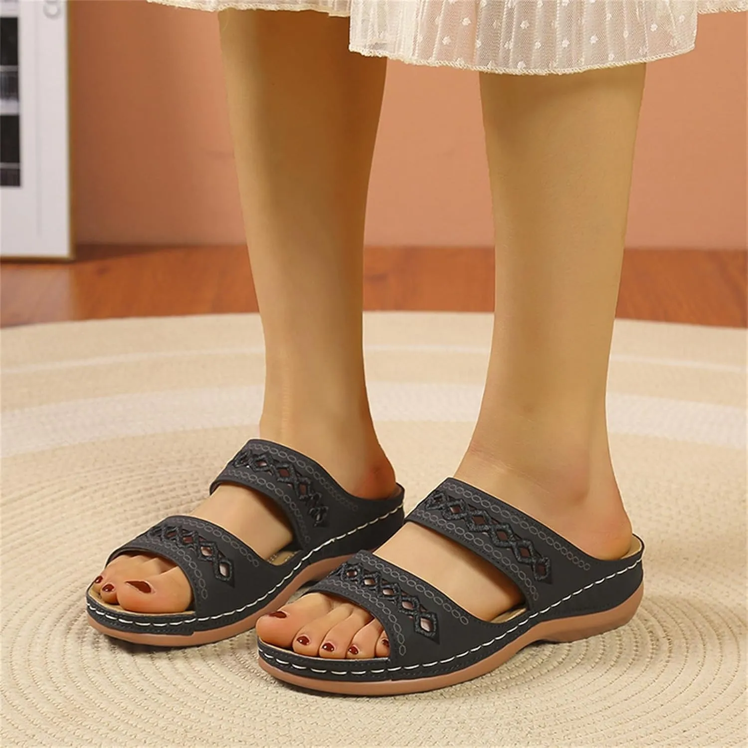 Sandals for Women 2025 Wide Width Comfortable Arch Support Orthopedic Slip On Sandals Orthotic Embroidered Slippers