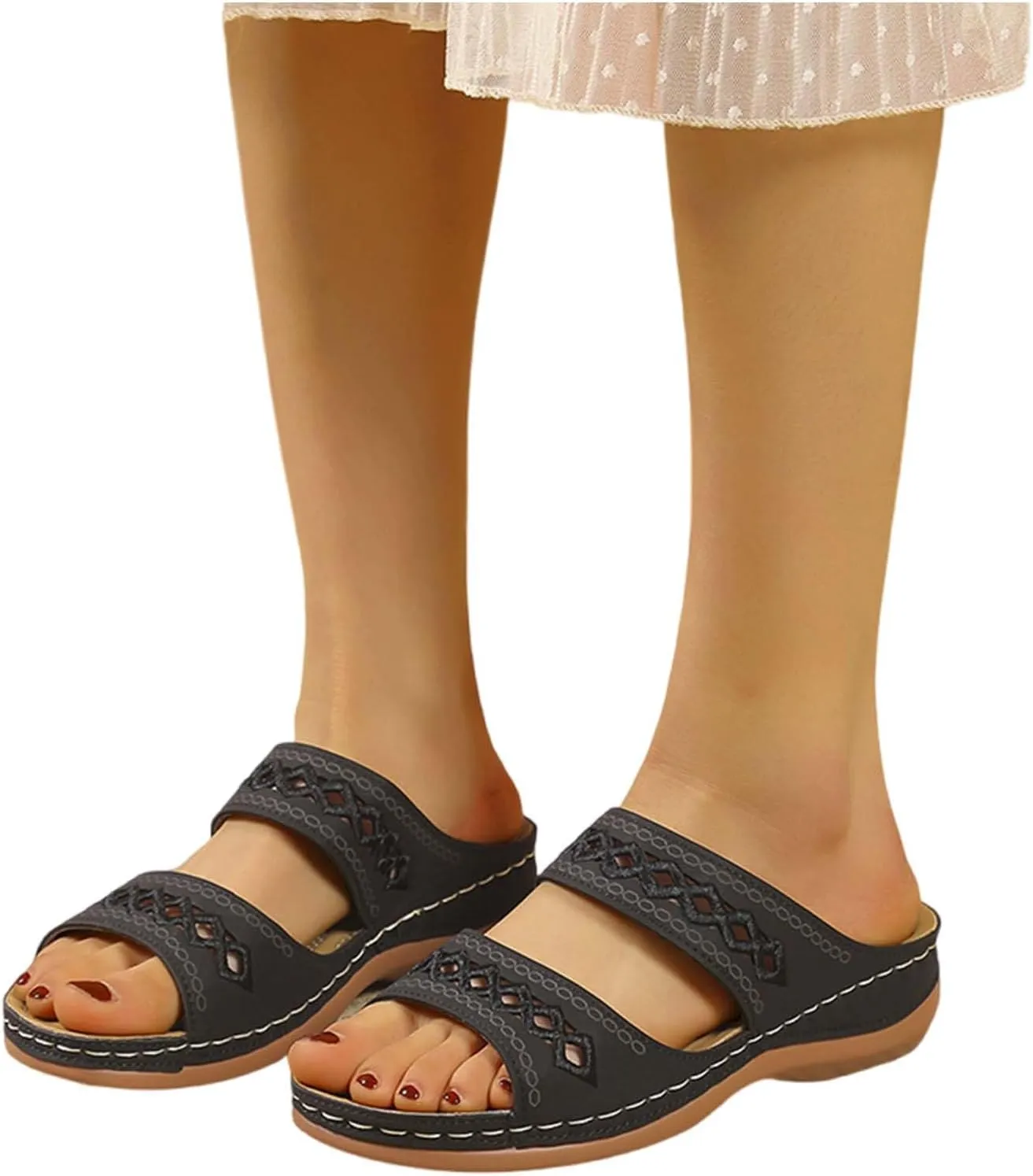 Sandals for Women 2025 Wide Width Comfortable Arch Support Orthopedic Slip On Sandals Orthotic Embroidered Slippers