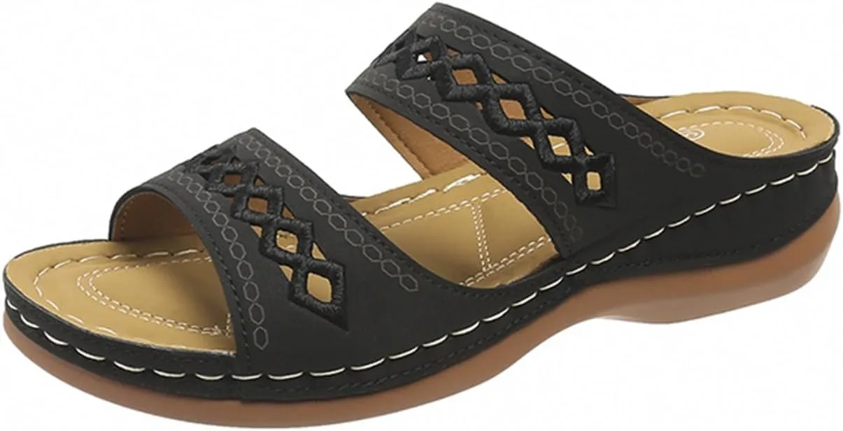 Sandals for Women 2025 Wide Width Comfortable Arch Support Orthopedic Slip On Sandals Orthotic Embroidered Slippers