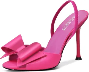 Satin High Heels Slingback Open Toe Mules Sandals Bow Stiletto Sexy Heels Comfortable Wedding Party Shoes