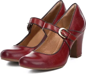 SHODENSE Vintage Chunky High Heel Mary Jane Pumps Women Burgundy Ankle Strap Round Toe Dress Sandals Block Heels Mary Jane Lolita Shoes Two-Toned Buckle Retro Ladies Office Wedding Fall Matte Red 7.5