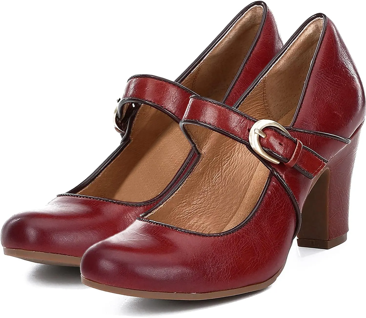 SHODENSE Vintage Chunky High Heel Mary Jane Pumps Women Burgundy Ankle Strap Round Toe Dress Sandals Block Heels Mary Jane Lolita Shoes Two-Toned Buckle Retro Ladies Office Wedding Fall Matte Red 7.5